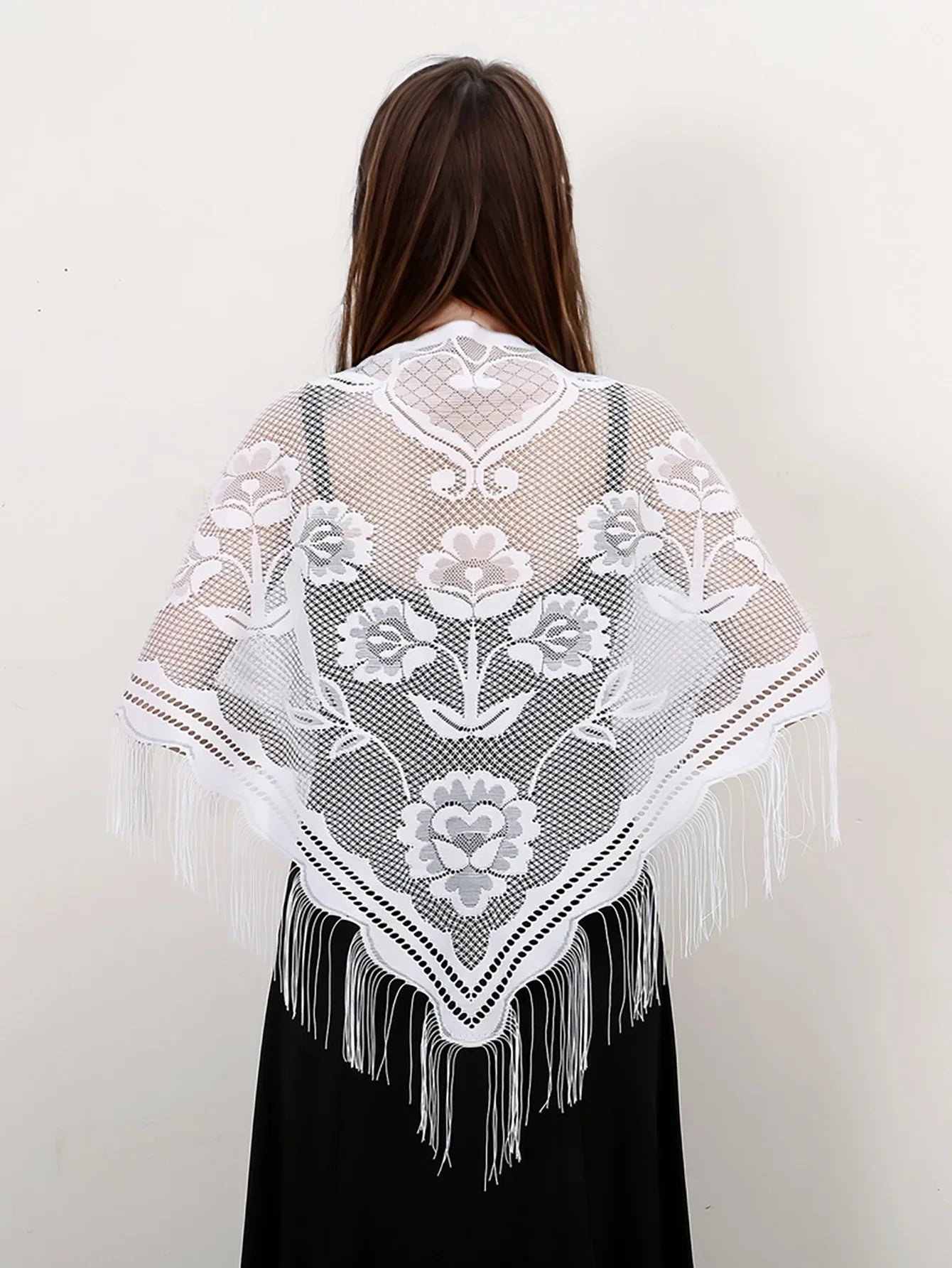 Navarita | White Lace Embroidered Shawl with Tassel Edges
